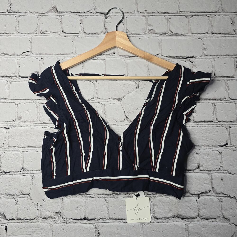 Kiwi Punch Navy‎ Blue Nautical Stripe Ruffle Sleeve Crop Top New Size Large